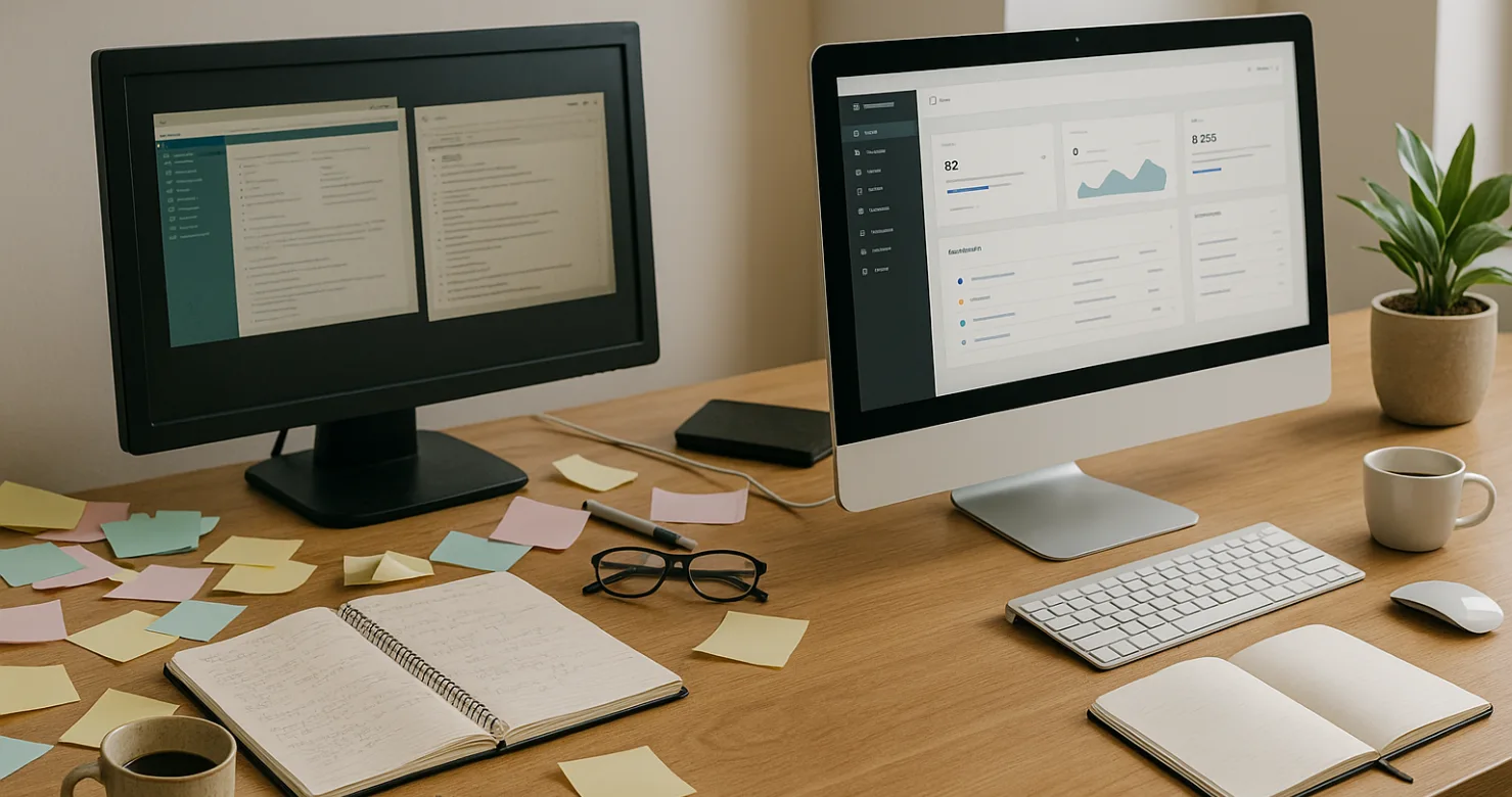 Arbeitsplatz mit zwei Bildschirmen, Notizen und Kaffee