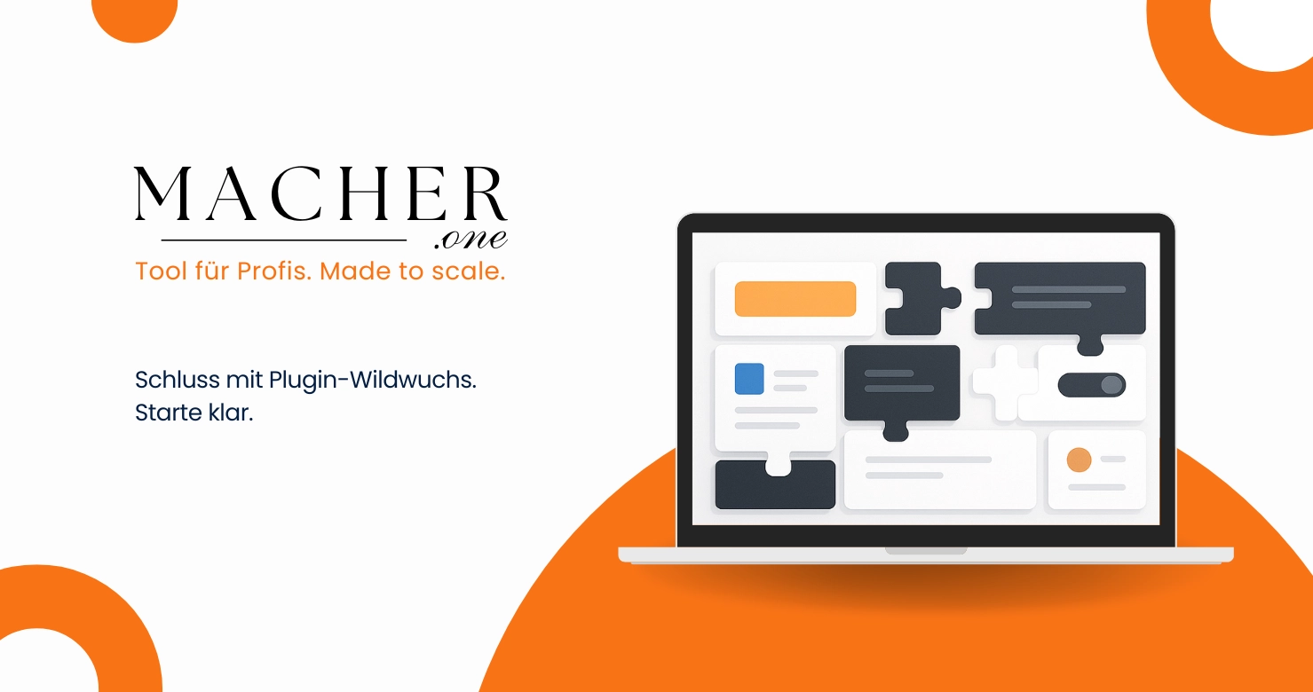 Laptop mit Puzzle-Elementen und Werbeslogan.